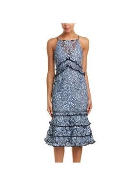 Keepsake Catch Me Blue Lace Midi Dress Halter Ruffle Hem Sleeveless Sz L